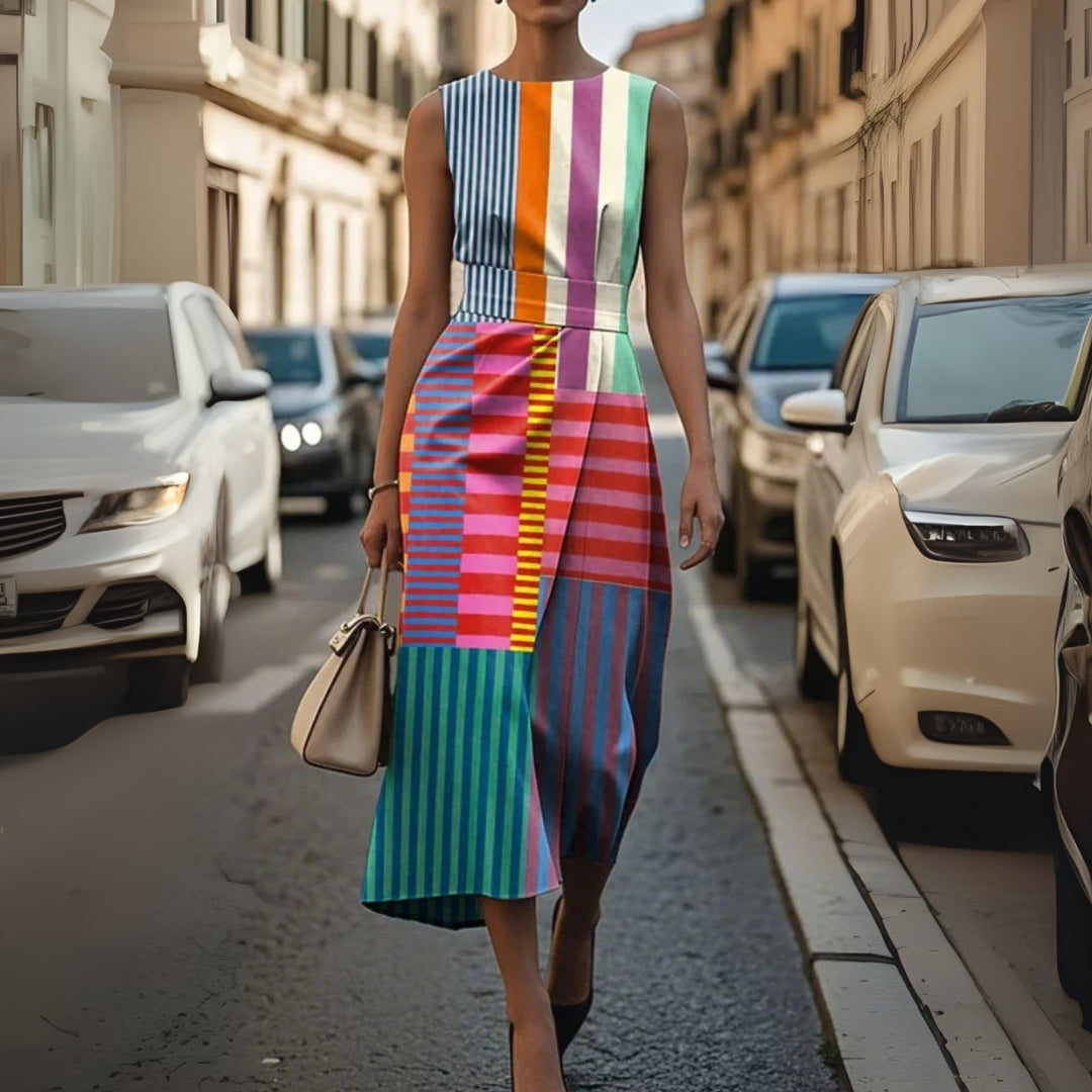 Abito midi da donna geometrico a righe colorate
