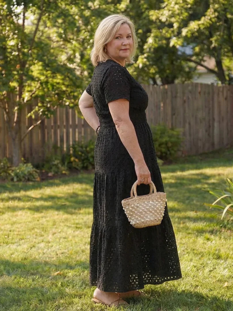 Vestito midi elegante da donna con scollo a V e vita aderente
