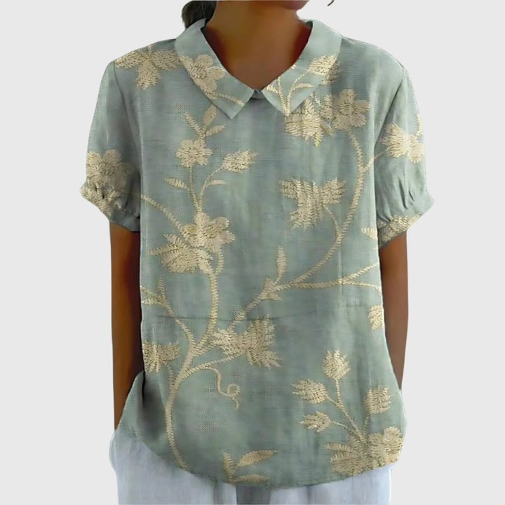 Blouse lin imprimé floral col claudine femme