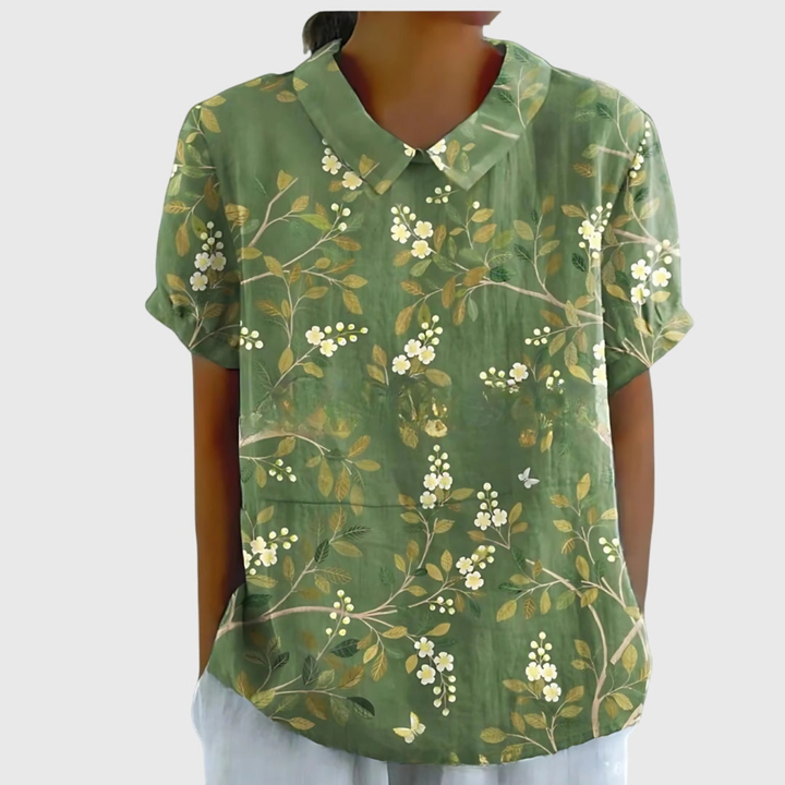 Blouse lin imprimé floral col claudine femme