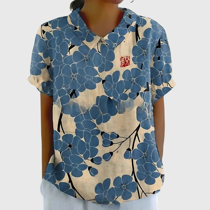 Blouse lin imprimé floral col claudine femme
