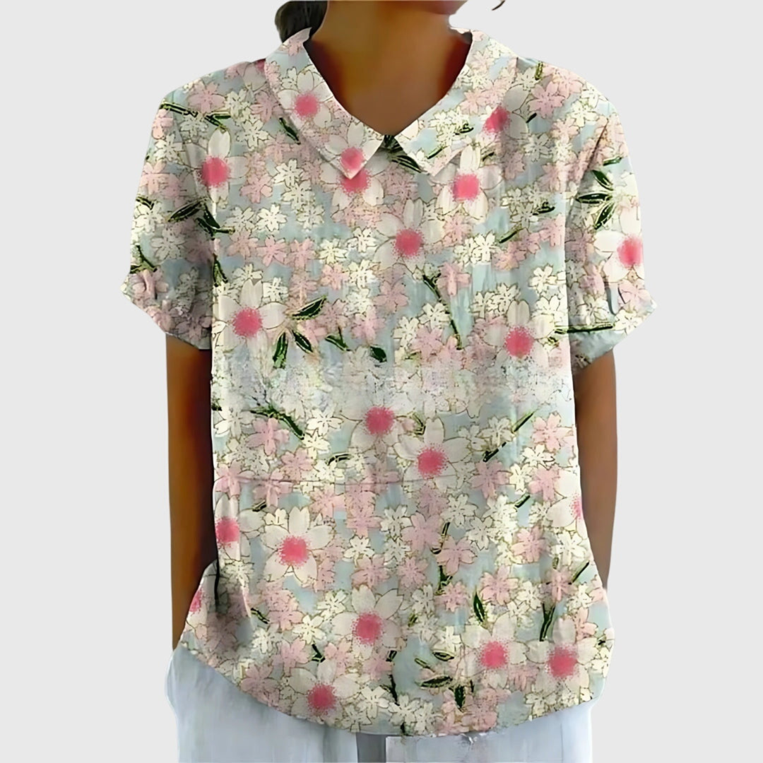 Blouse lin imprimé floral col claudine femme