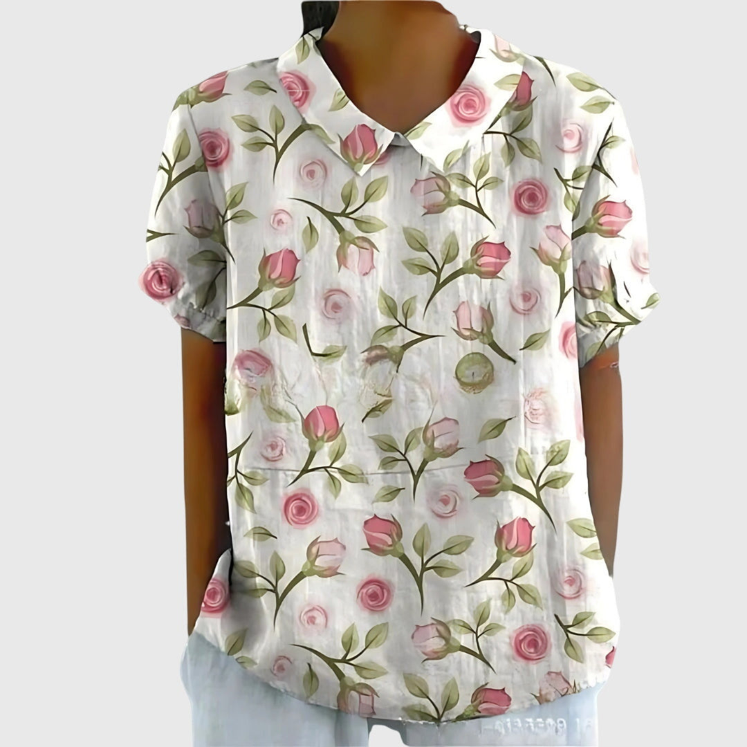 Blouse lin imprimé floral col claudine femme