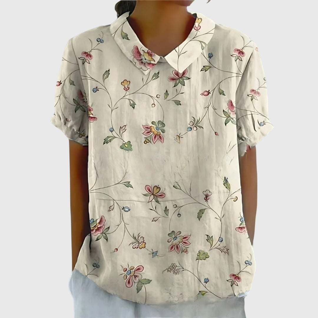 Blouse lin imprimé floral col claudine femme