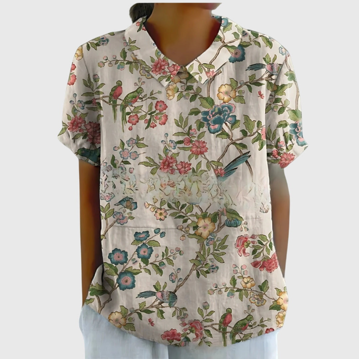Blouse lin imprimé floral col claudine femme