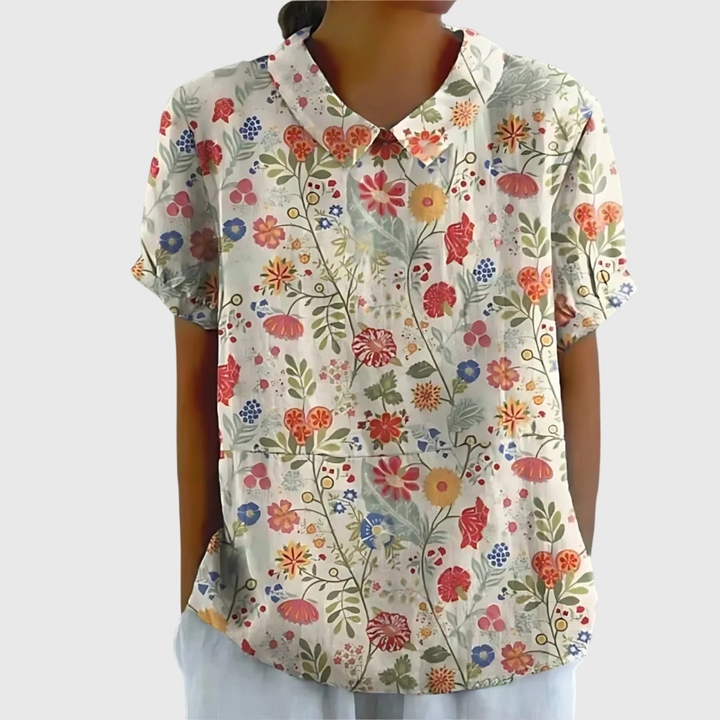Blouse lin imprimé floral col claudine femme