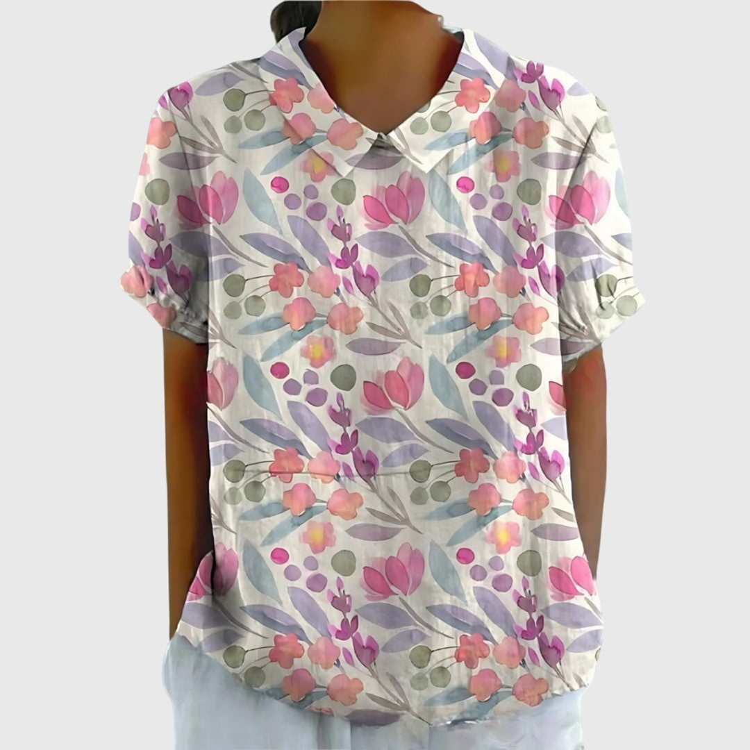 Blouse lin imprimé floral col claudine femme