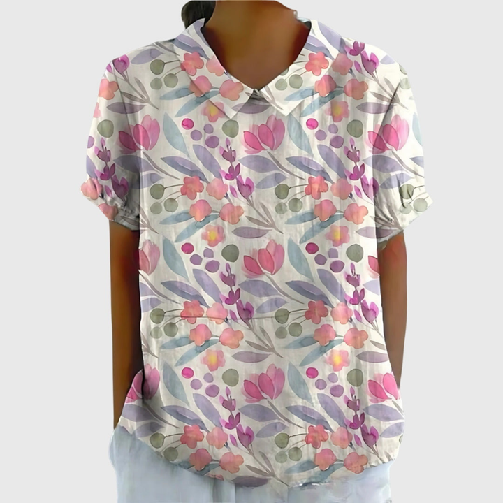 Blouse lin imprimé floral col claudine femme