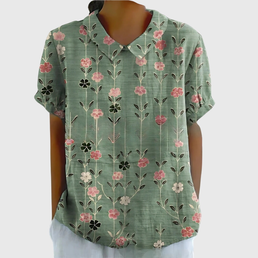 Blouse lin imprimé floral col claudine femme