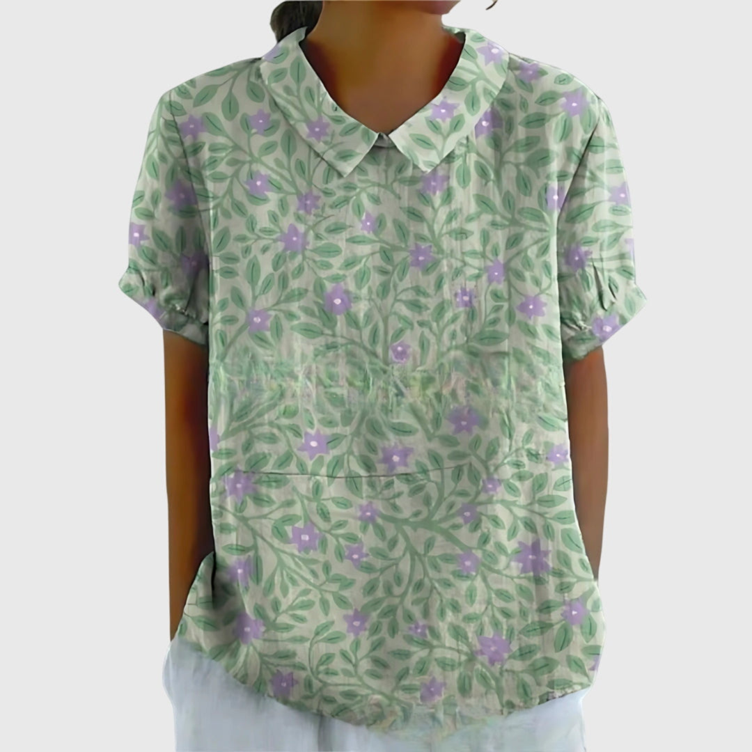 Blouse lin imprimé floral col claudine femme