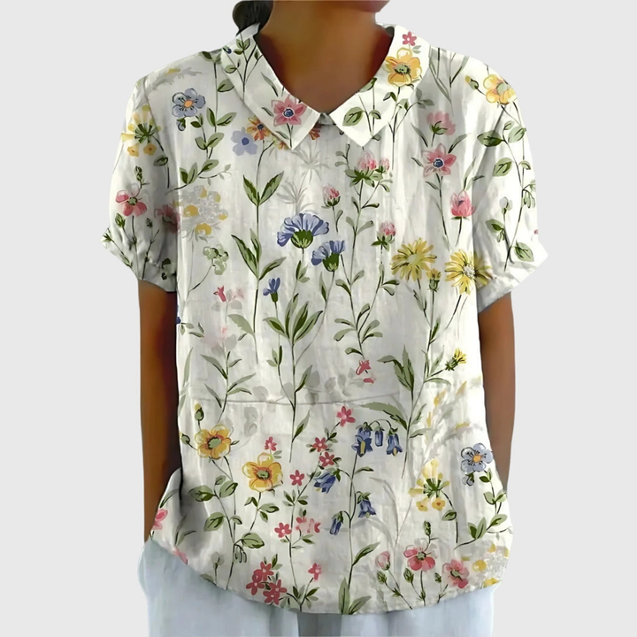 Blouse lin imprimé floral col claudine femme