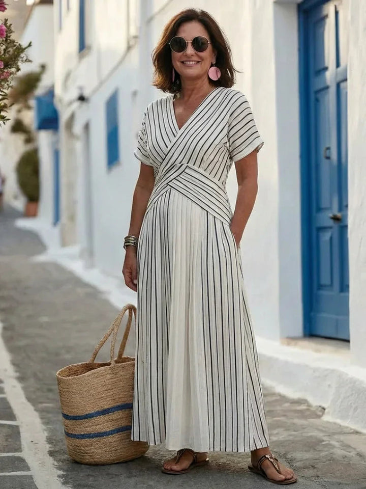 Μάξι Ριγέ Φόρεμα Γυναικείο με Κοντά Μανίκια