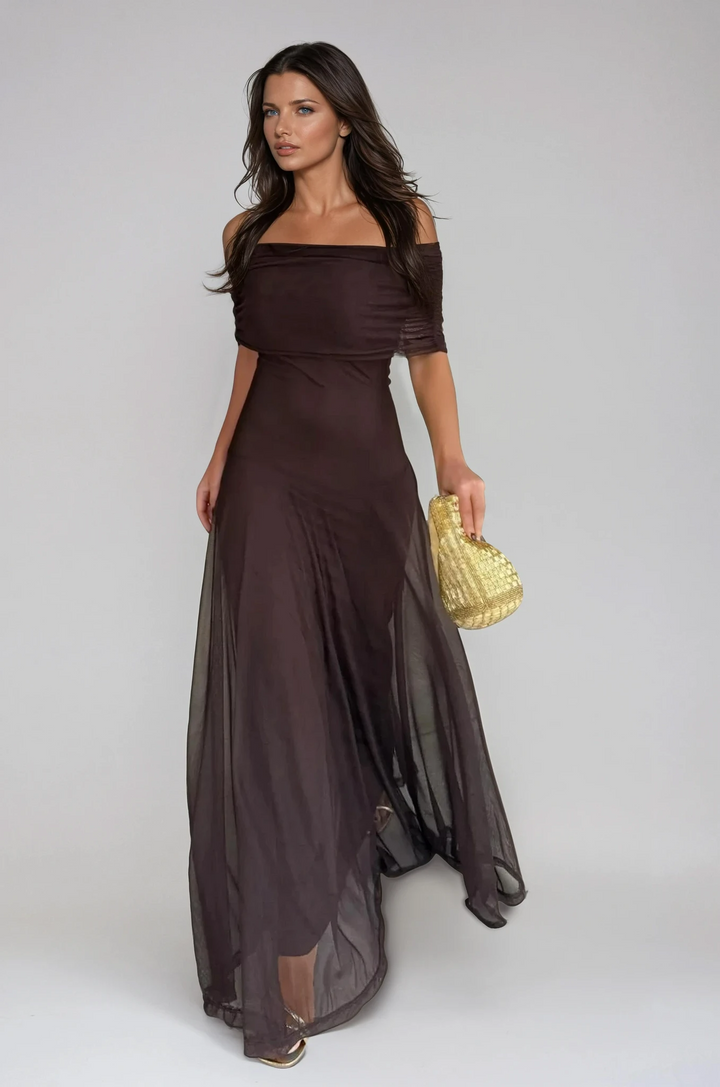 Robe longue élégante de cérémonie pour femme avec superposition en mesh