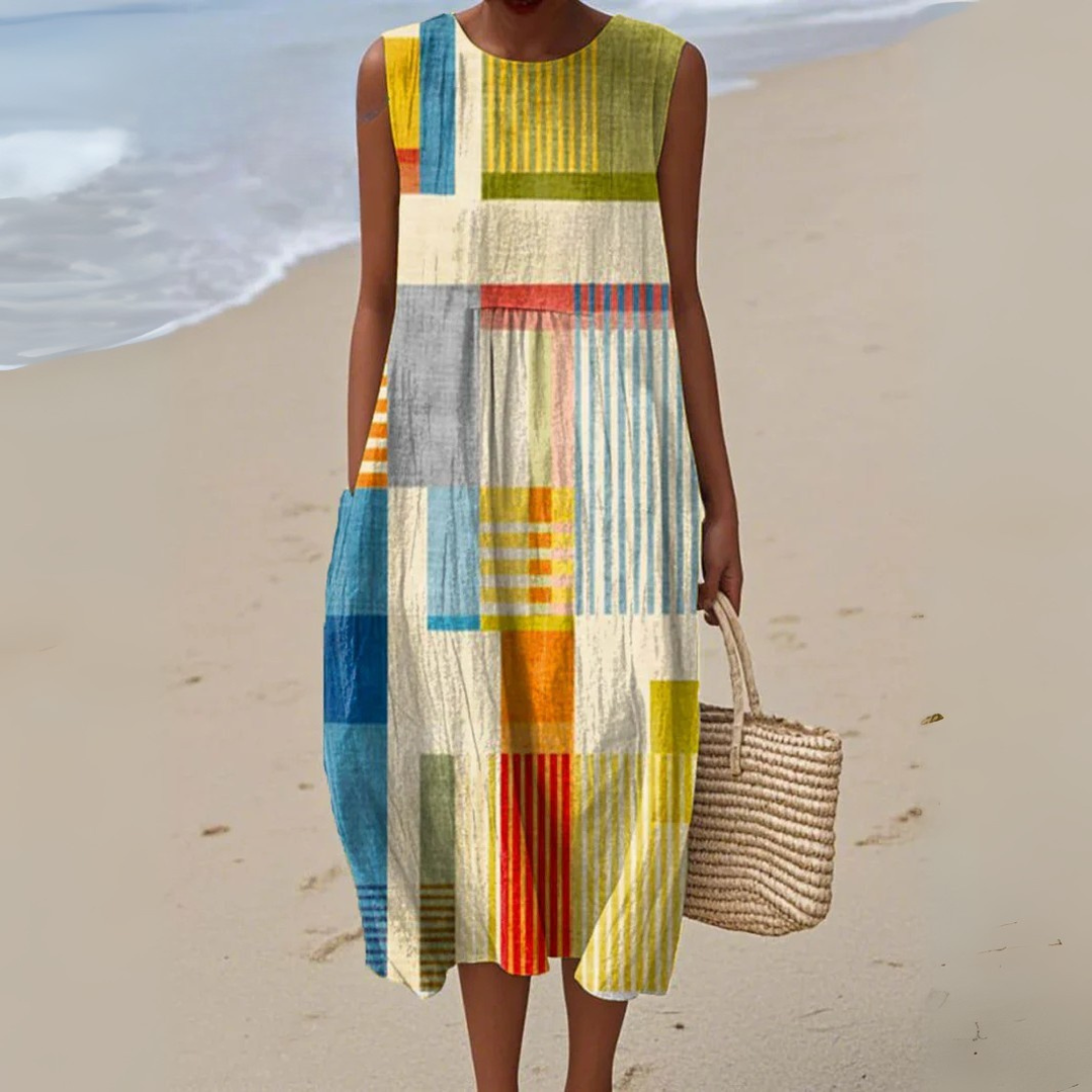 Robe Midi Géométrique Multicolore Été Femme