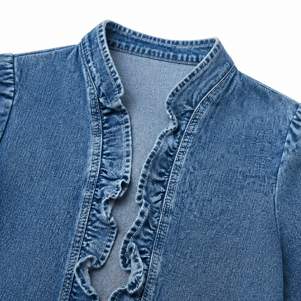 Giacca di jeans da donna con colletto aperto e volant