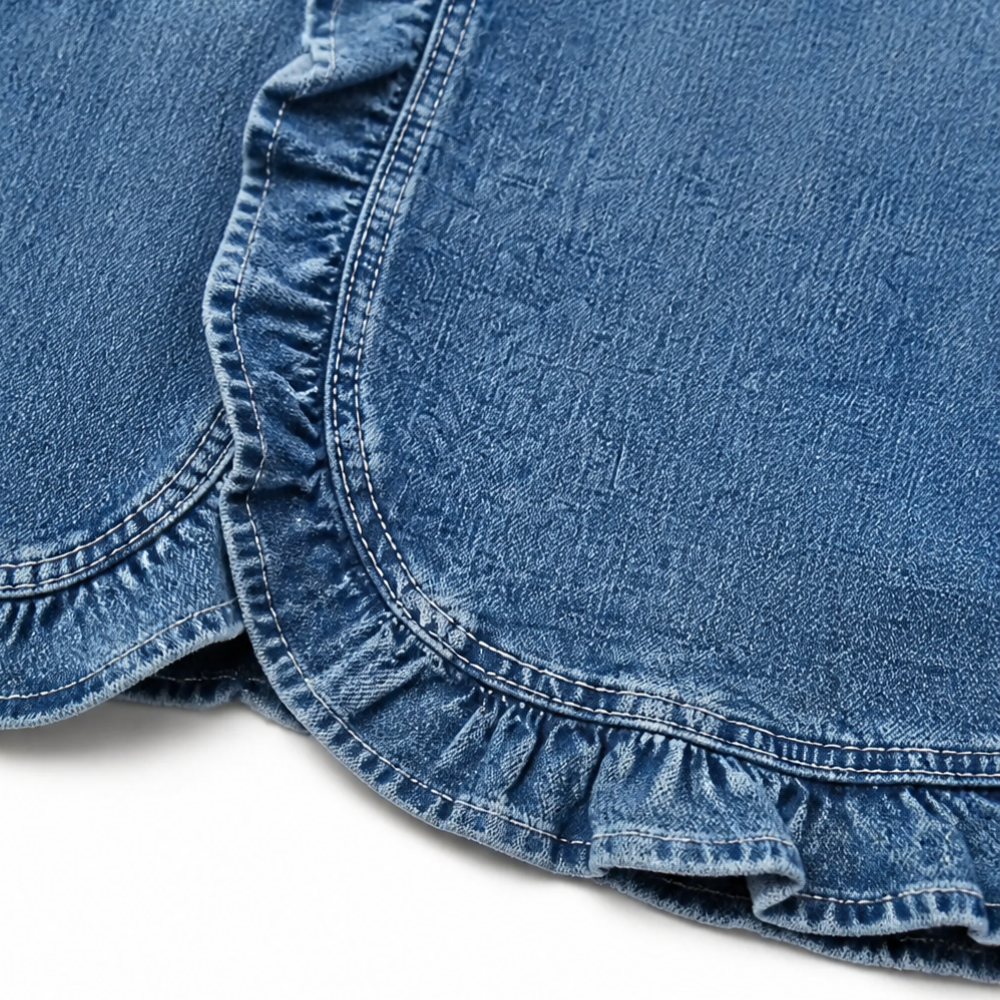 Giacca di jeans da donna con colletto aperto e volant