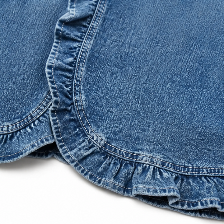 Giacca di jeans da donna con colletto aperto e volant