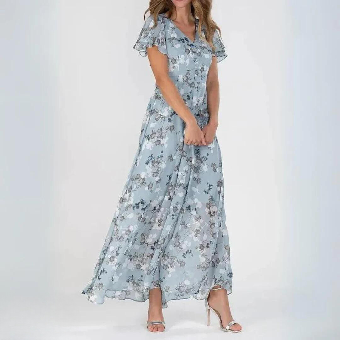 Robe Maxi Fleurie à Volants Délicats et Encolure Féminine Élégante