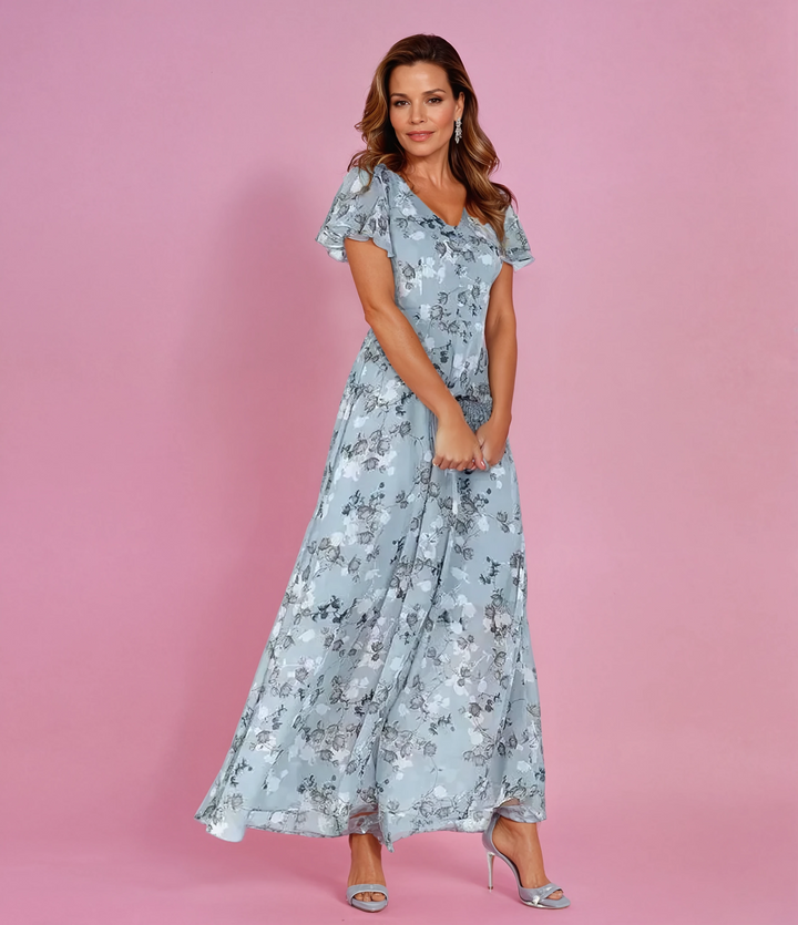 Robe Maxi Fleurie à Volants Délicats et Encolure Féminine Élégante