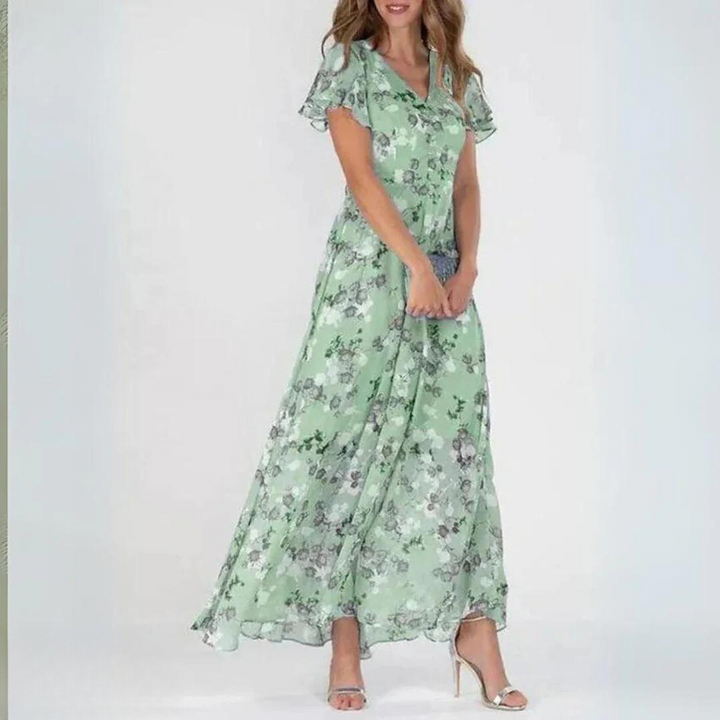 Robe Maxi Fleurie à Volants Délicats et Encolure Féminine Élégante