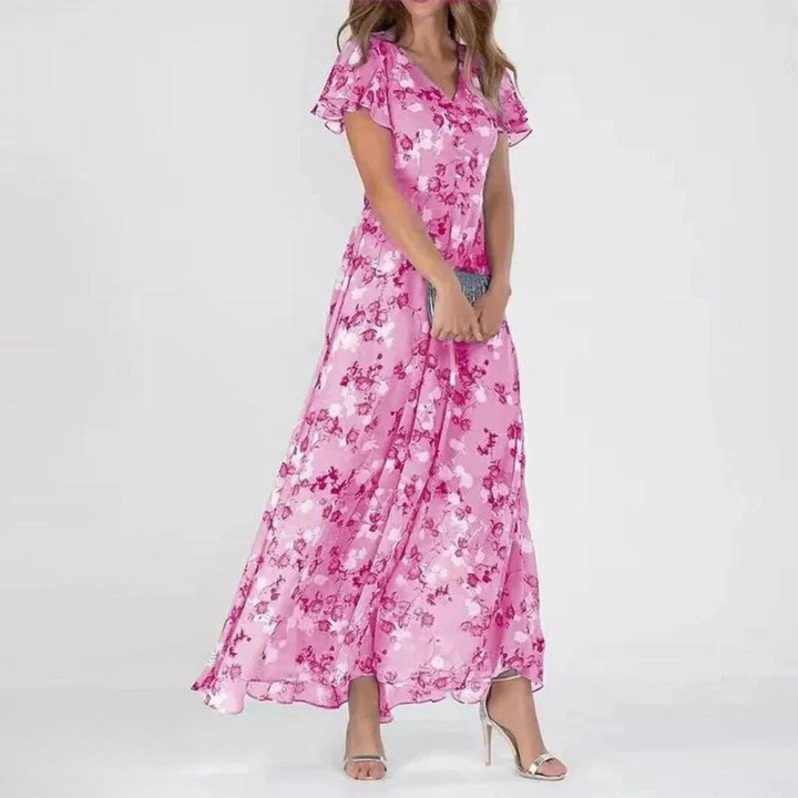 Robe Maxi Fleurie à Volants Délicats et Encolure Féminine Élégante