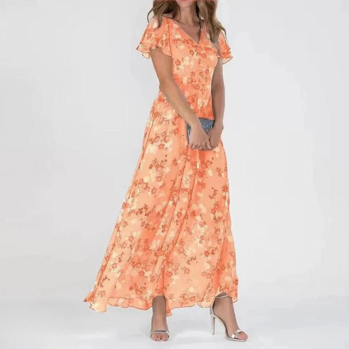 Robe Maxi Fleurie à Volants Délicats et Encolure Féminine Élégante