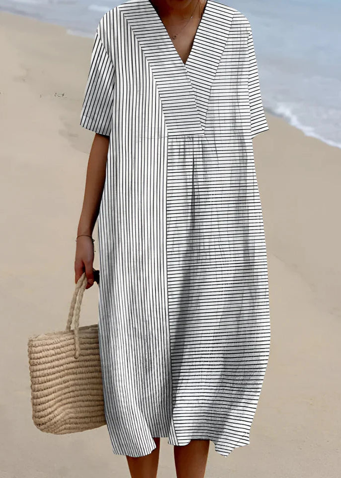 Vestito midi con scollo a V stampato artigianale da donna