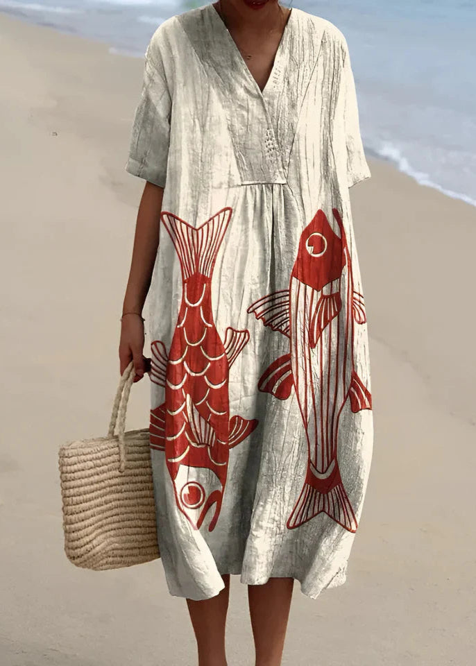 Vestito midi con scollo a V stampato artigianale da donna