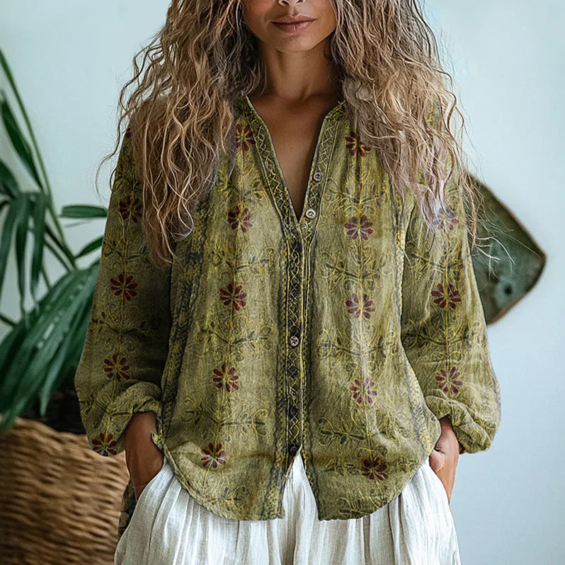 Blouse imprimée col V manches longues femme