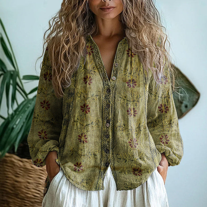 Blouse imprimée col V manches longues femme
