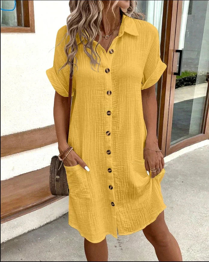 Robe Chemise Courte Boutonnée à Poches et Col Décontracté