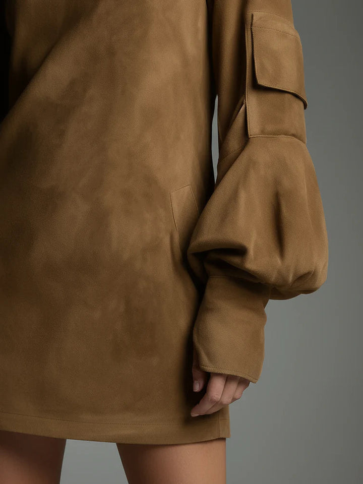 Short Women's Dress with Stand-Up Collar and Puff Sleeves