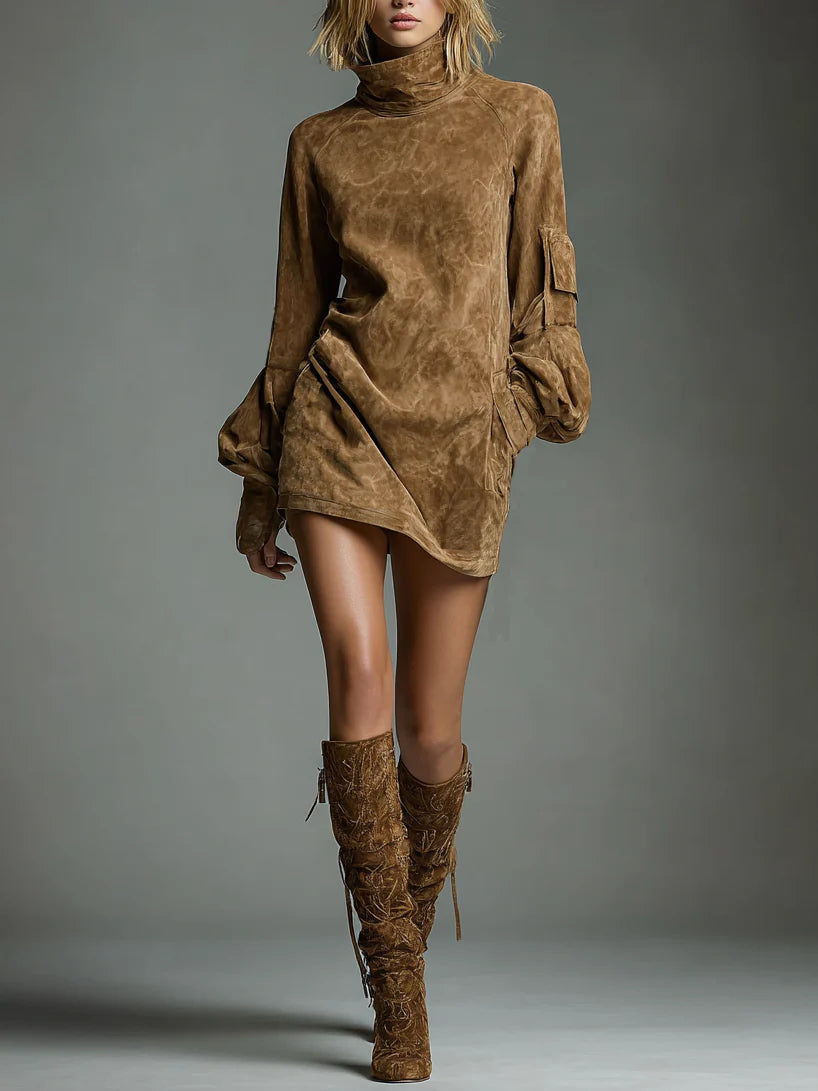 Short Women's Dress with Stand-Up Collar and Puff Sleeves