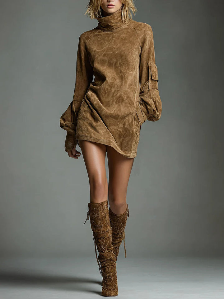 Short Women's Dress with Stand-Up Collar and Puff Sleeves