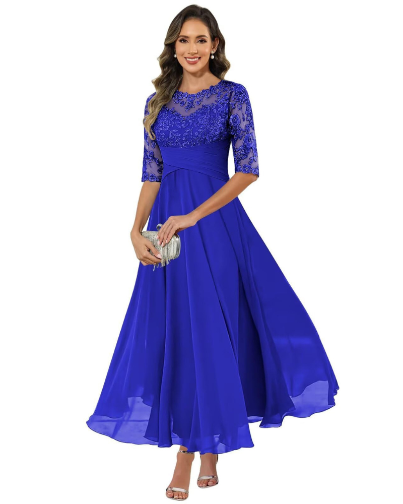 Abito da sera da donna in pizzo e chiffon
