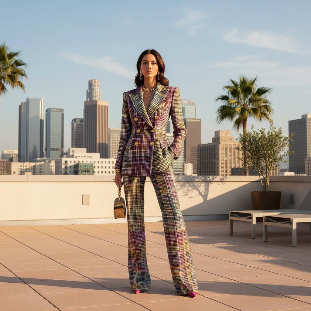 Completo Tailleur a Quadri Donna Blazer e Pantaloni Larghi