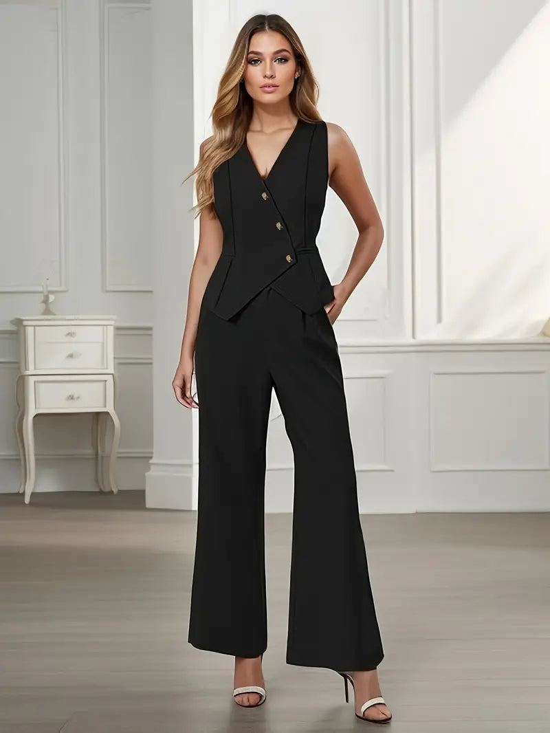 Elegantní dámský dvoudílný set bez rukávů s vestou a širokými kalhotami na knoflíky