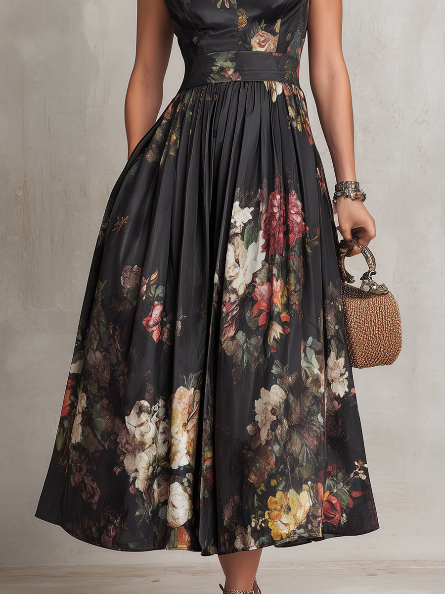 Women's Midi Floral Dress with Fitted Waist
