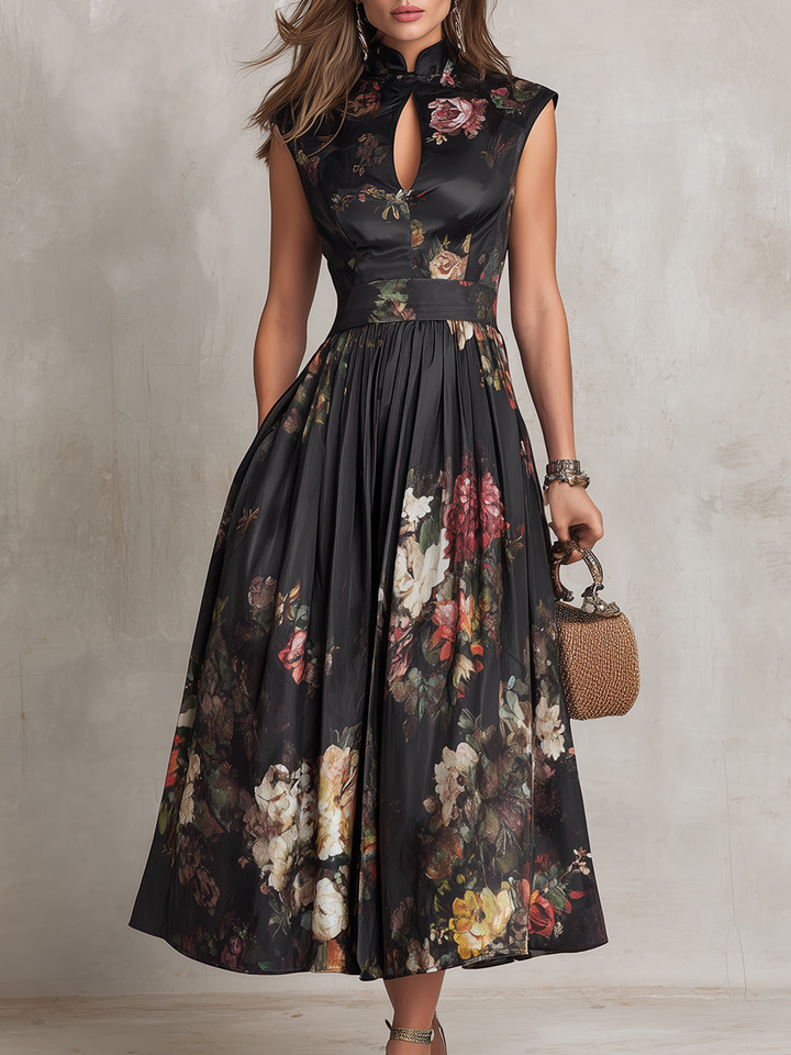 Women's Midi Floral Dress with Fitted Waist