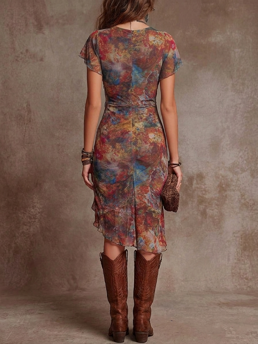 Robe Midi Femme Imprimé Abstrait Froncée