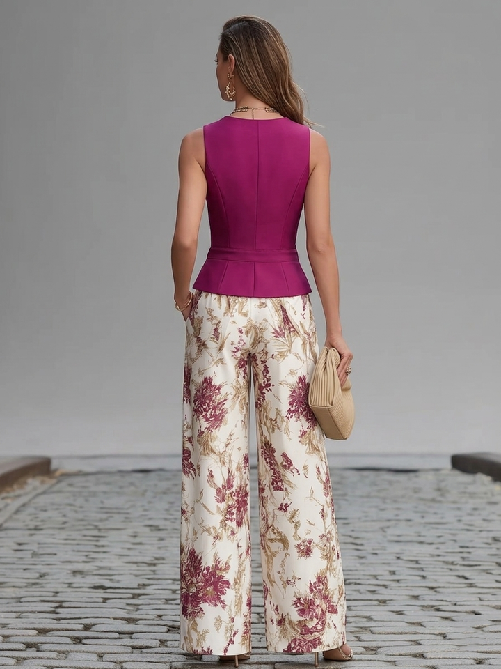 Women's Set with Sleeveless Vest and Wide Floral Pants