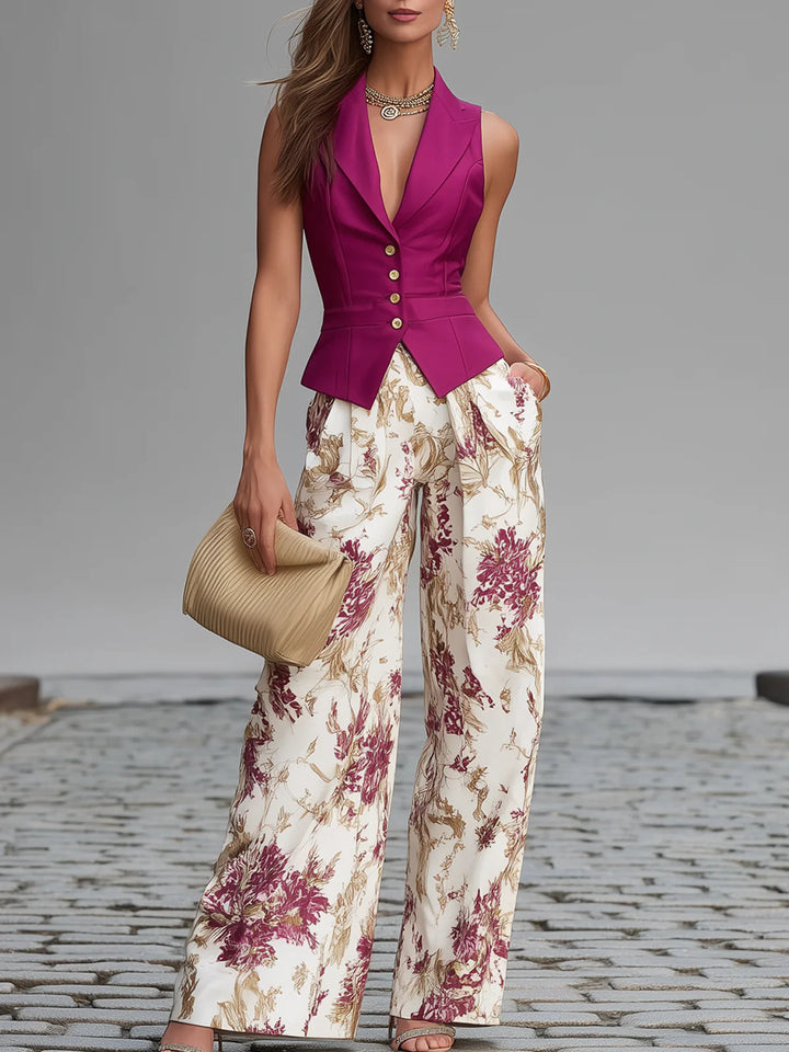 Women's Set with Sleeveless Vest and Wide Floral Pants