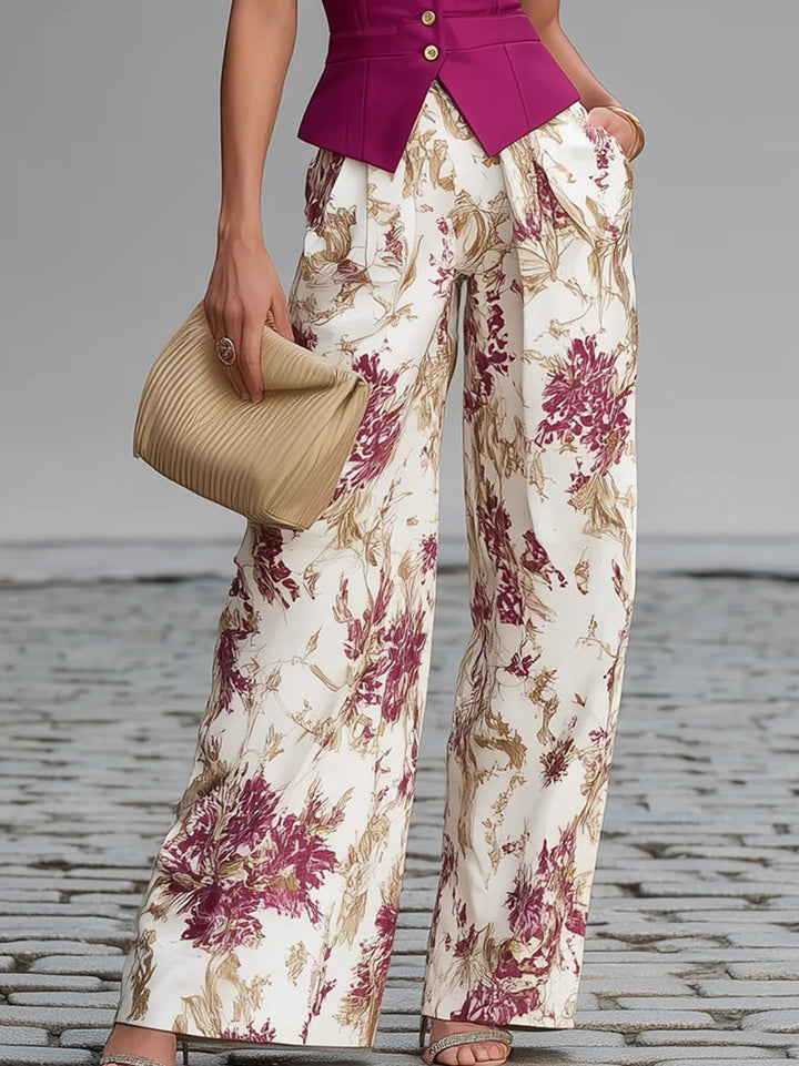 Women's Set with Sleeveless Vest and Wide Floral Pants