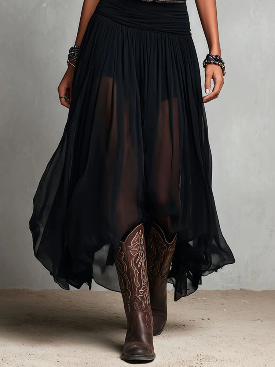 Robe Longue Femme Fluide à Bretelles et Jupe Voilée