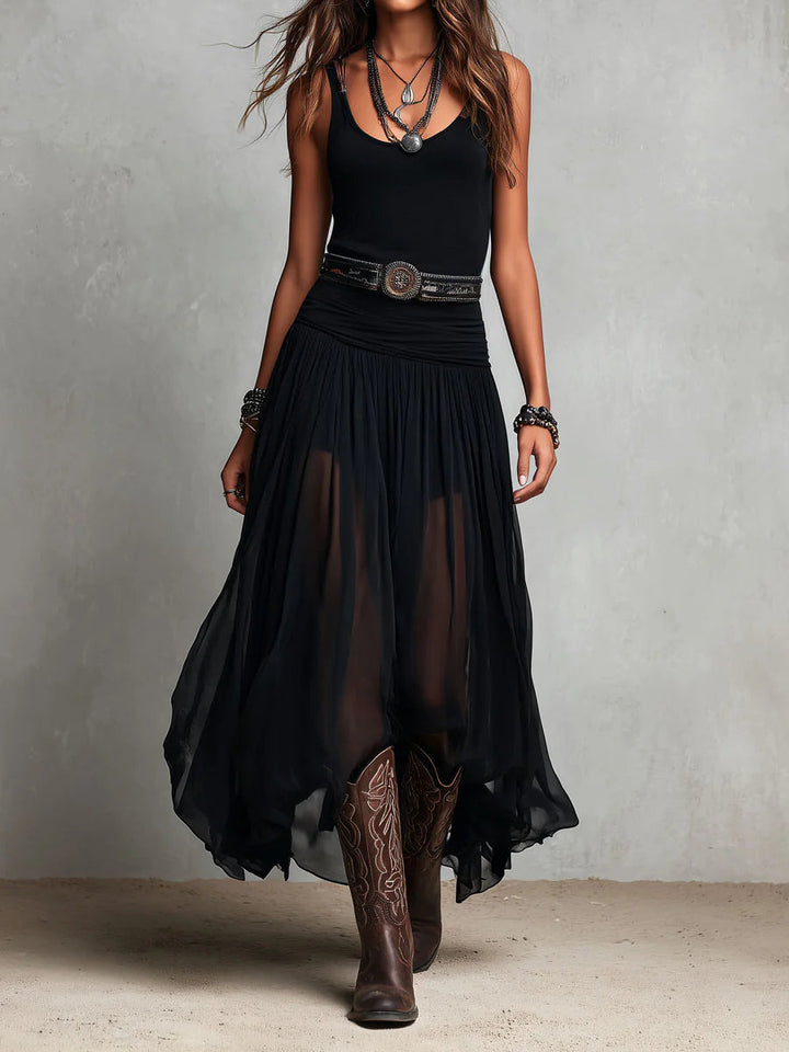 Robe Longue Femme Fluide à Bretelles et Jupe Voilée