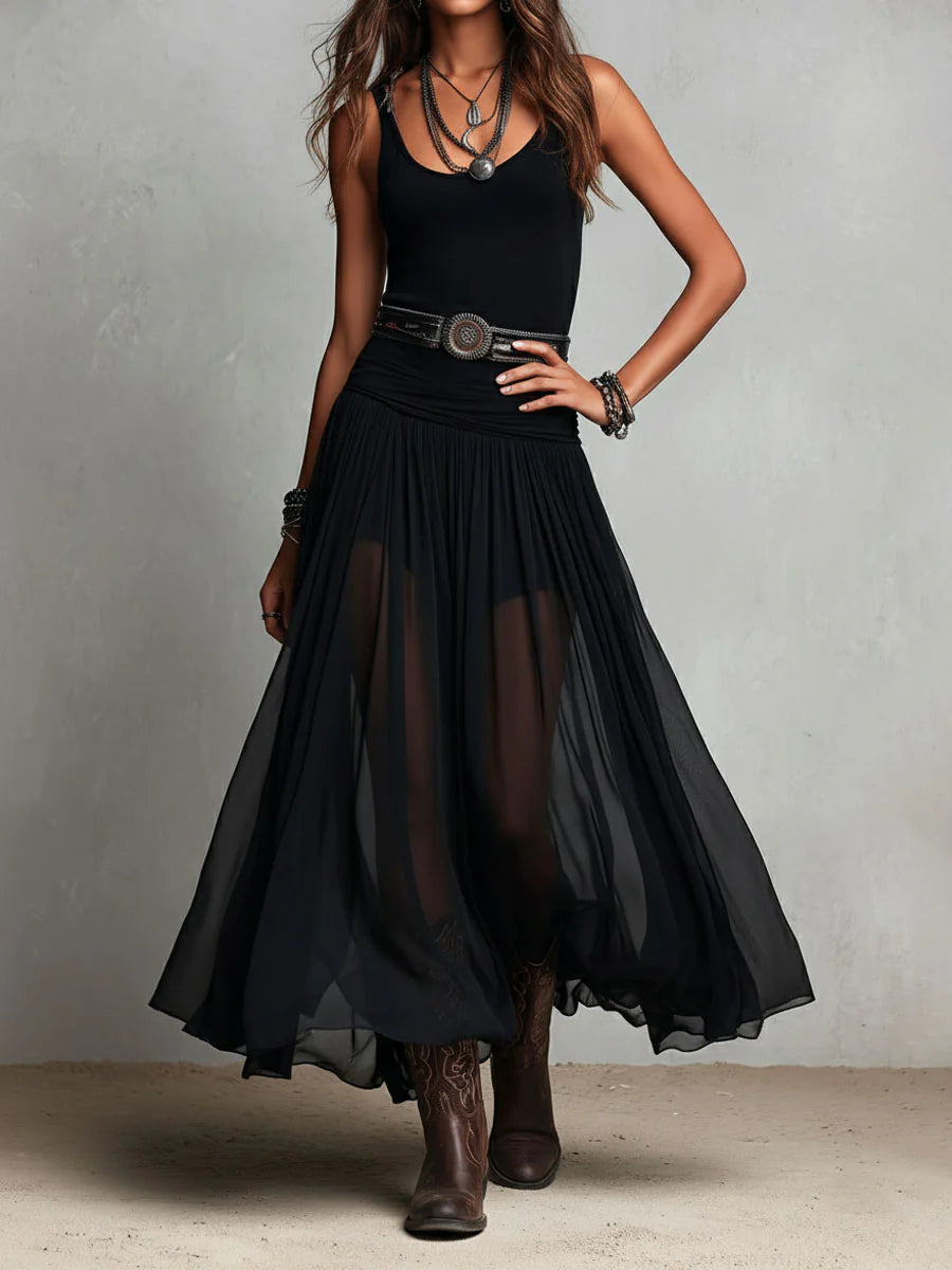 Robe Longue Femme Fluide à Bretelles et Jupe Voilée