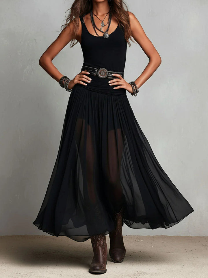 Robe Longue Femme Fluide à Bretelles et Jupe Voilée
