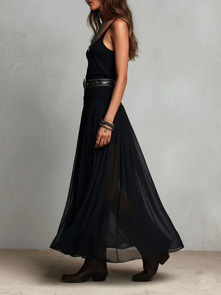 Robe Longue Femme Fluide à Bretelles et Jupe Voilée