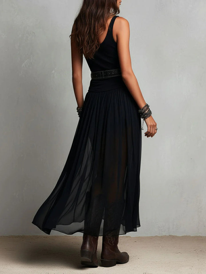 Robe Longue Femme Fluide à Bretelles et Jupe Voilée