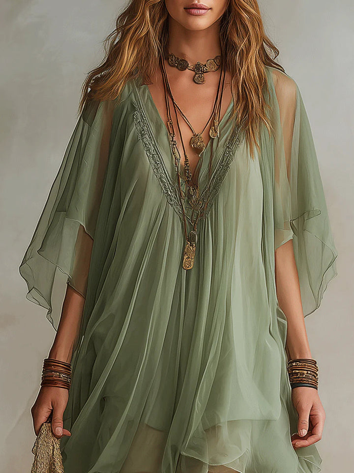Robe Femme Courte Fluide en Mousseline à Col V